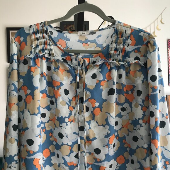 JOIE size L Blue Orange & Gray Floral Pintuck Popover Blouse Peasant Top - Picture 2 of 4